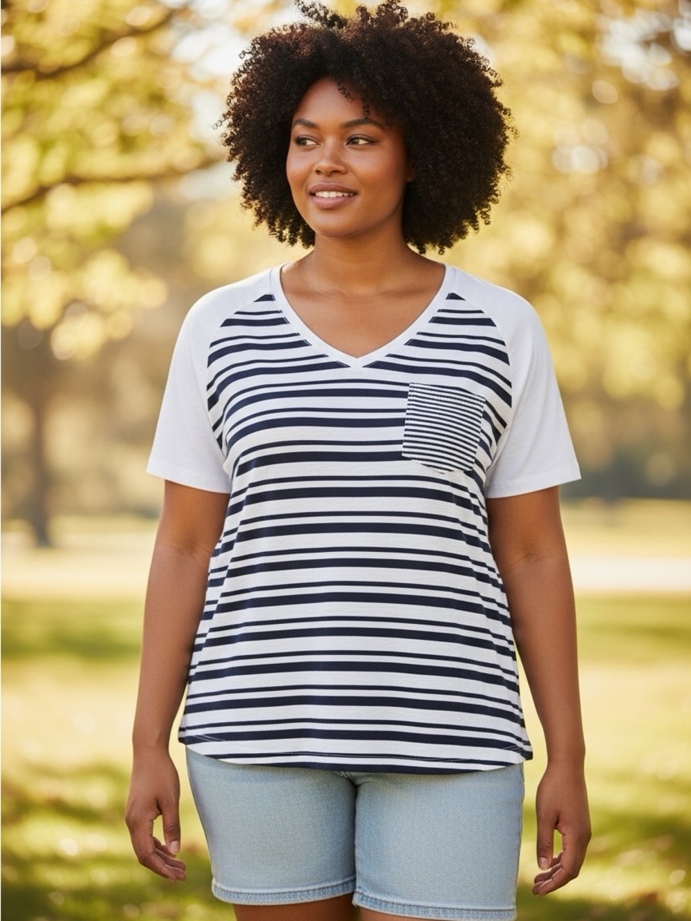 3 for $10 Chaps Navy and White Striped V-Neck Pocket Tee #923
